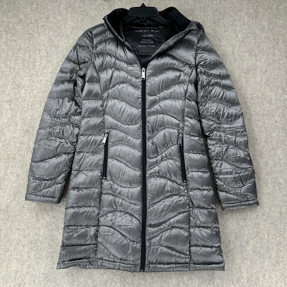 Andrew Marc XS Packable Lightweight Hooded Puffer Long Down Jacket‎ Metalic